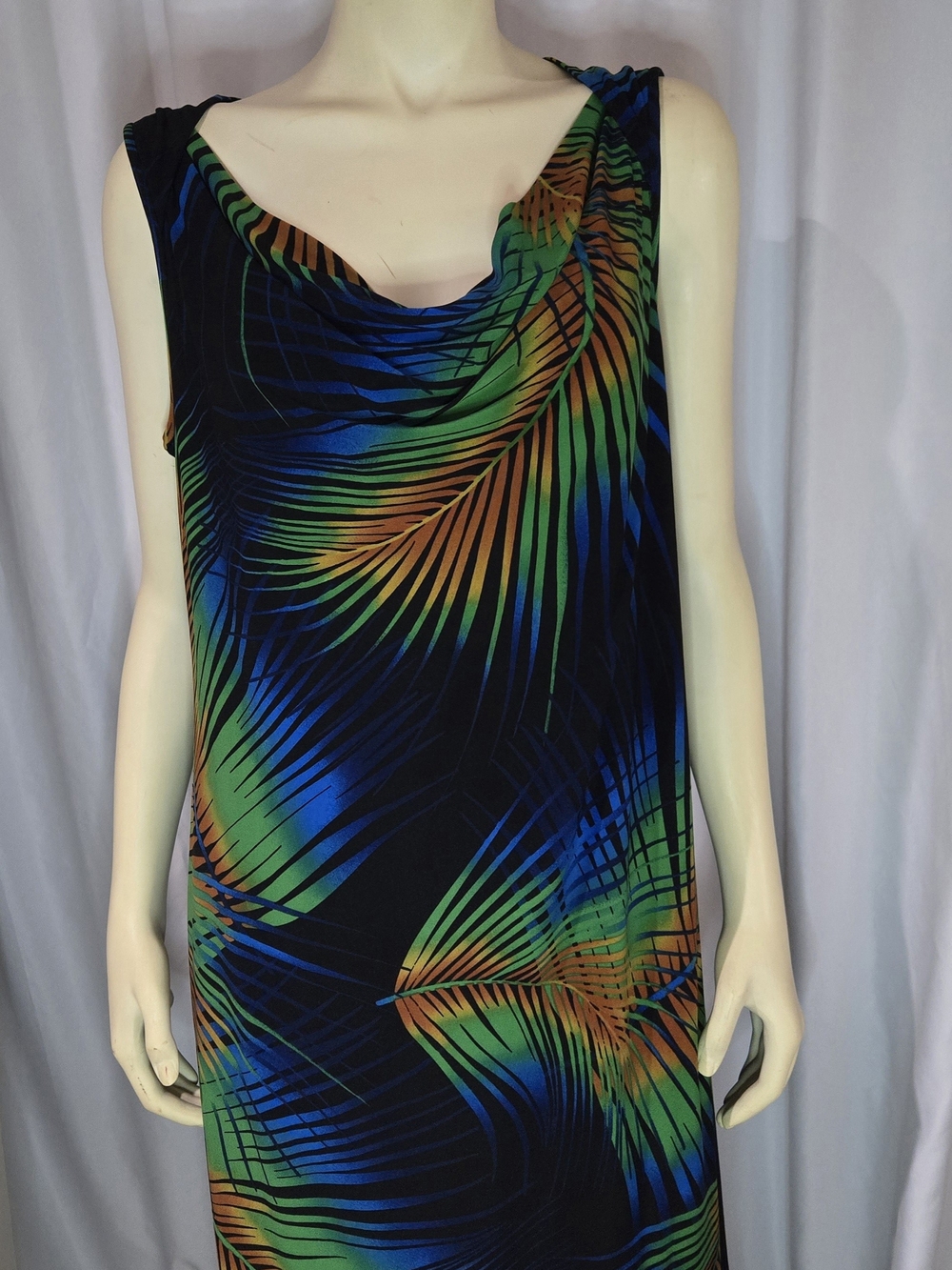Evan Picone Black Multi Tropical-Print Cowl Neck Dress